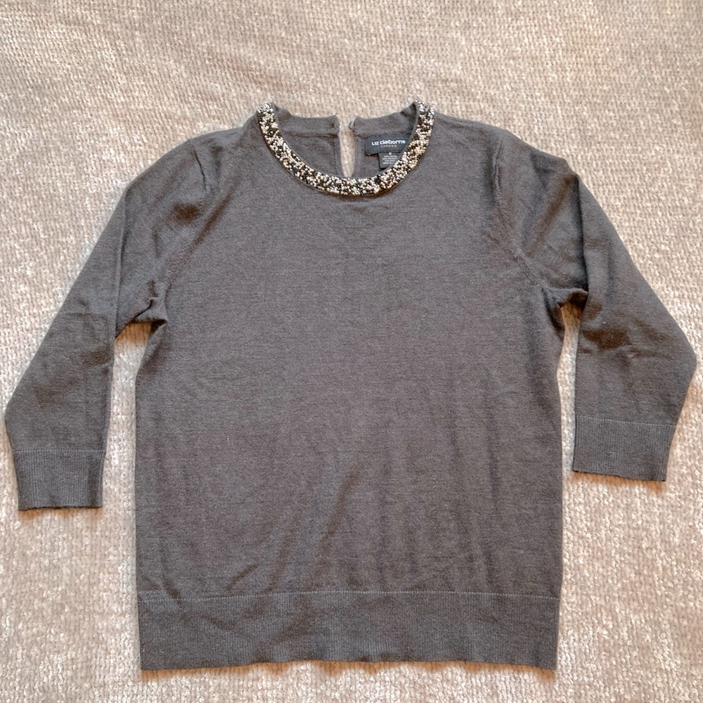 Liz Claiborne Gray Beaded Neck Sweater Medium Soft‎ Knit Holiday Career Classic